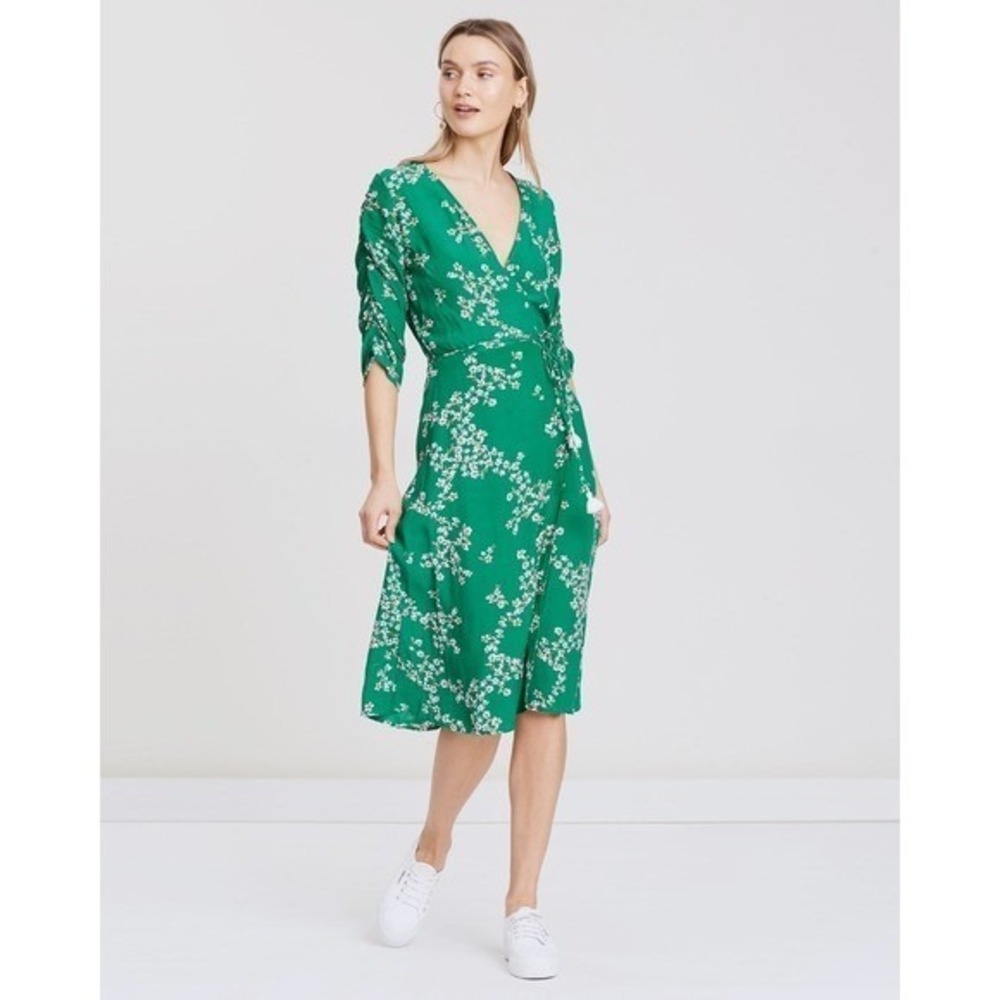 NWT Faithfull the Brand Anne Marie Green Floral Print Wrap Midi Dress 6 M Summer